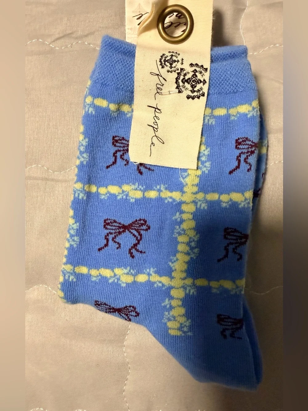 Free People Tie a Bow Crew Socks in Sky Blue NWT